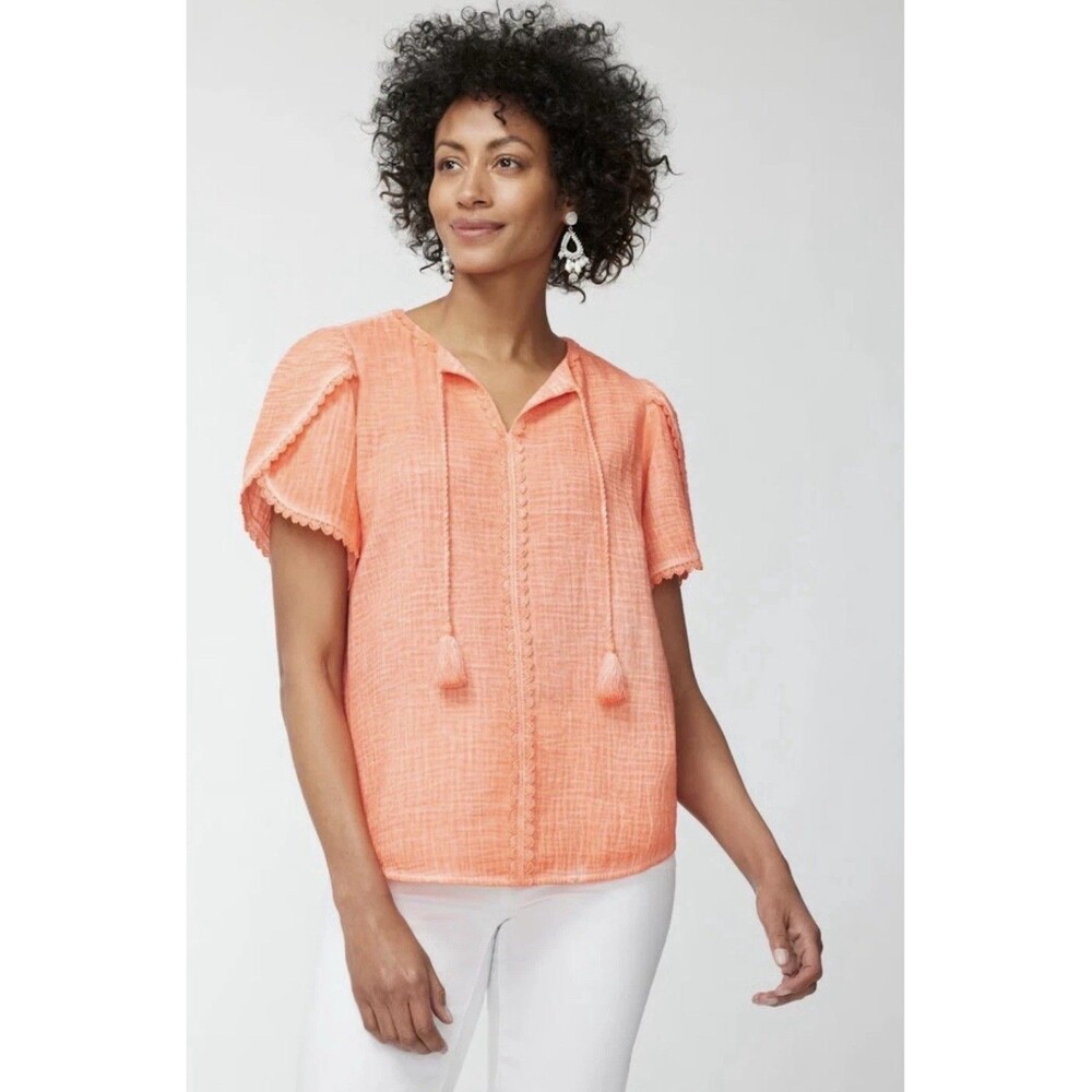 Chico’s Coral Pink Gauze Cotton Boho Blouse Tassel Lace Trim Top Women’s Size 0